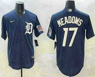 Mens Detroit Tigers #17 Parker Meadows Navy With Patch Cool Base Stitched Jersey